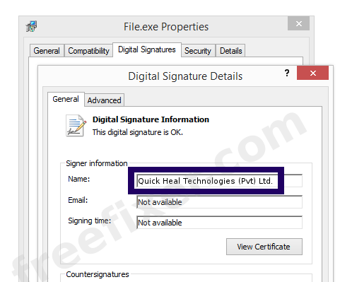Screenshot of the Quick Heal Technologies (Pvt) Ltd. certificate